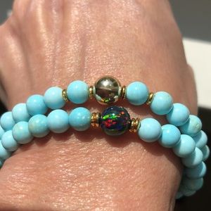 Mint Blue Magnesite Turquoise Gemstone Beaded Bracelets with a Fire Opal